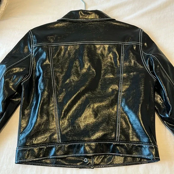 NWOT Nine West Faux Leather Biker Jacket in Black with White stitching Size S - Picture 5 of 13